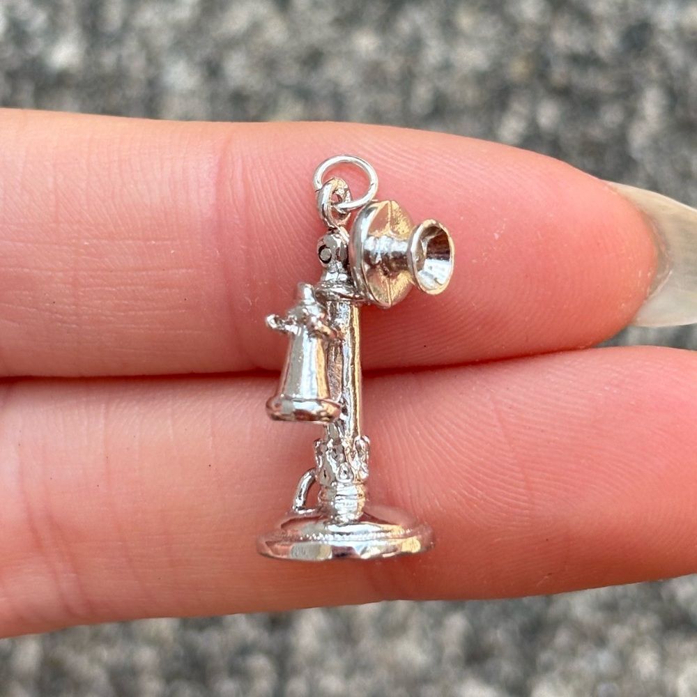 Vintage 3D Sterling Silver Candlestick Telephone Charm / Pendant